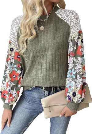 Floral Tops for Women Patchwork Long Sleeve Ribbed Blouses Crewneck Striped Crochet Print Shirts Lace Knit Sweaters