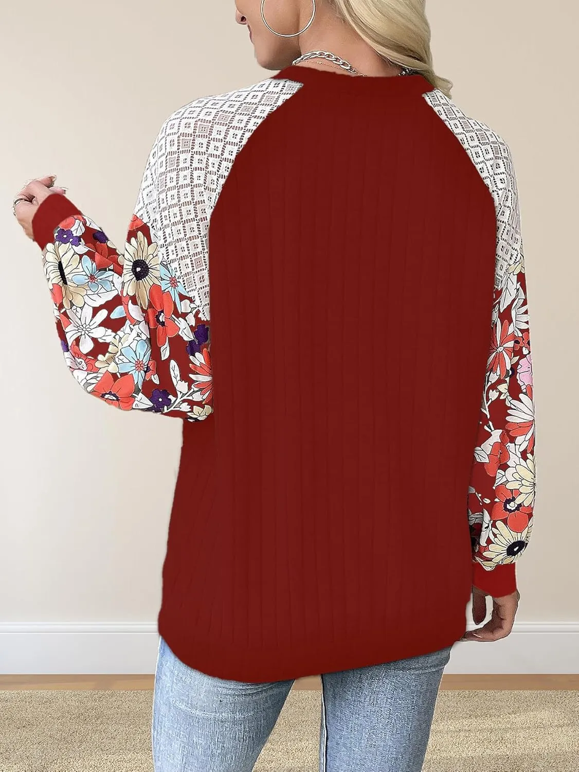Floral Tops for Women Patchwork Long Sleeve Ribbed Blouses Crewneck Striped Crochet Print Shirts Lace Knit Sweaters