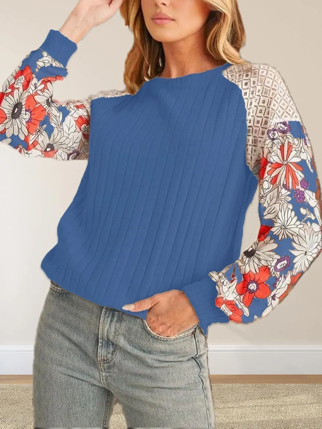 Floral Tops for Women Patchwork Long Sleeve Ribbed Blouses Crewneck Striped Crochet Print Shirts Lace Knit Sweaters