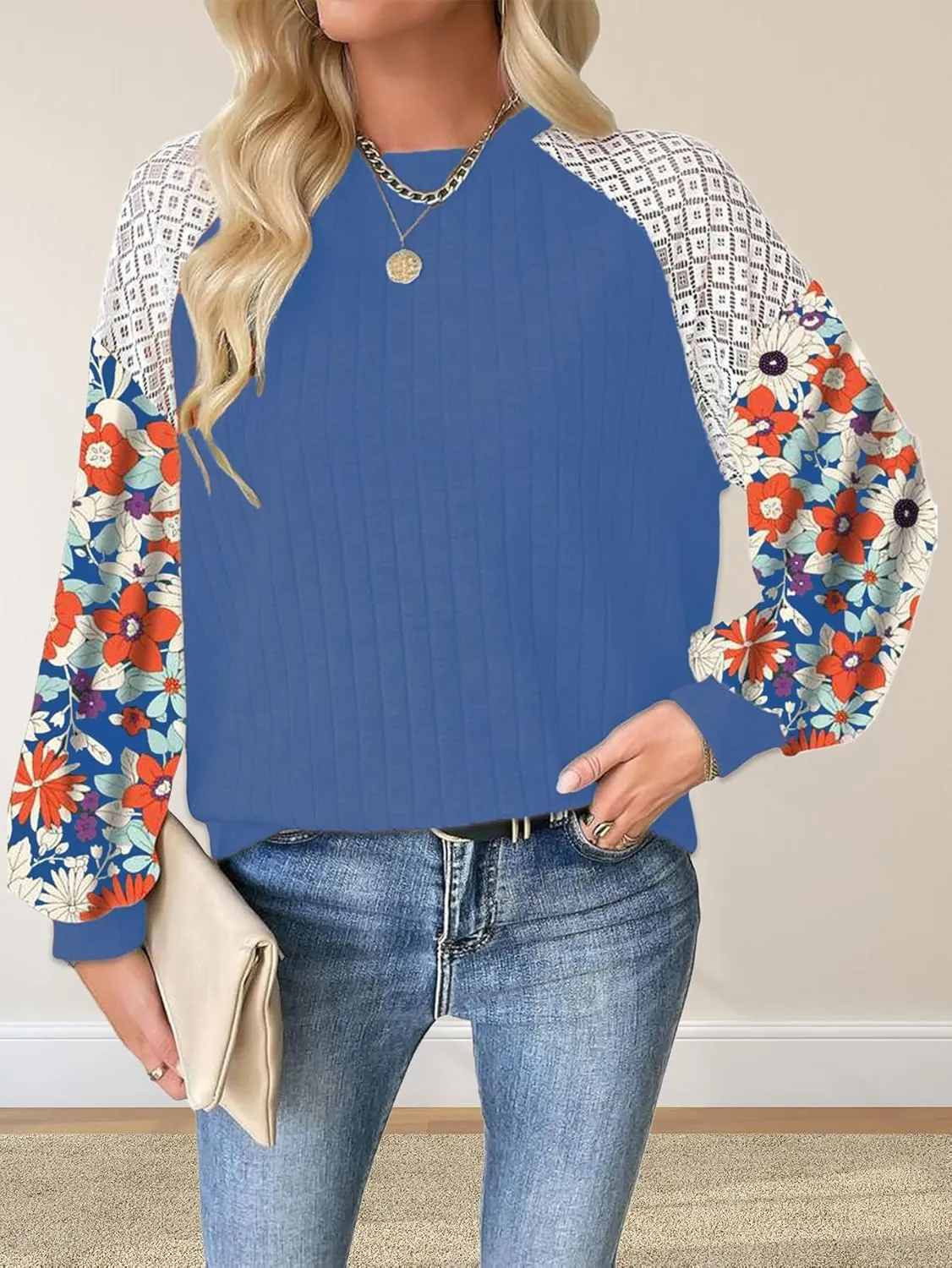 Floral Tops for Women Patchwork Long Sleeve Ribbed Blouses Crewneck Striped Crochet Print Shirts Lace Knit Sweaters