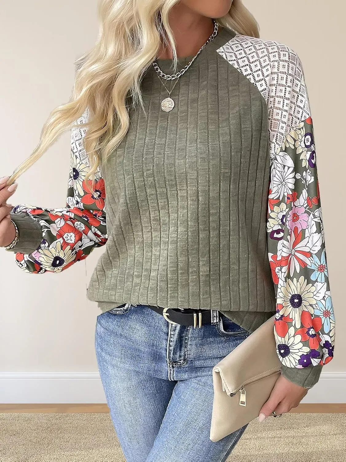 Floral Tops for Women Patchwork Long Sleeve Ribbed Blouses Crewneck Striped Crochet Print Shirts Lace Knit Sweaters