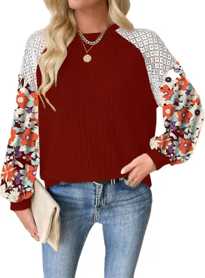Floral Tops for Women Patchwork Long Sleeve Ribbed Blouses Crewneck Striped Crochet Print Shirts Lace Knit Sweaters