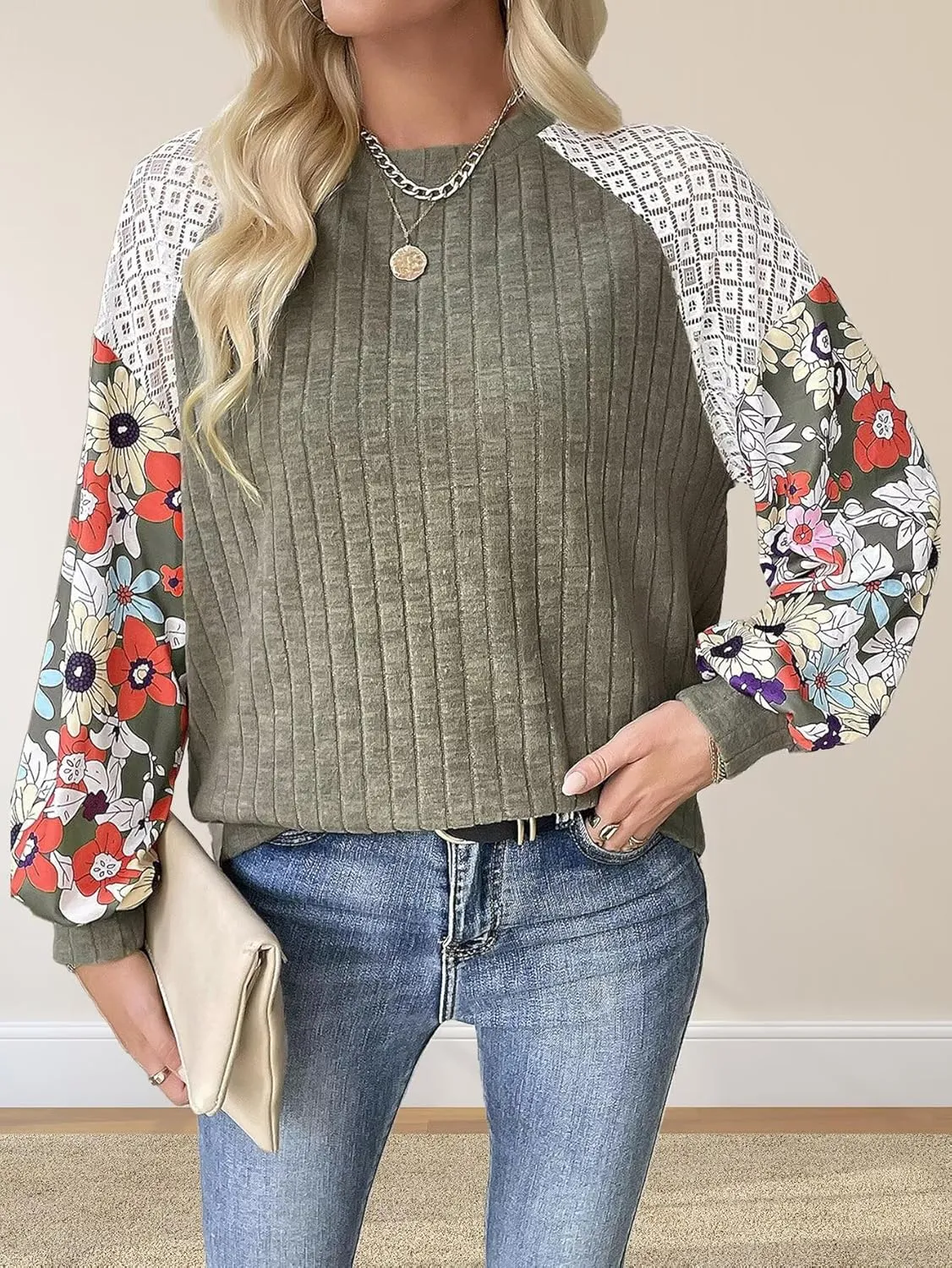 Floral Tops for Women Patchwork Long Sleeve Ribbed Blouses Crewneck Striped Crochet Print Shirts Lace Knit Sweaters