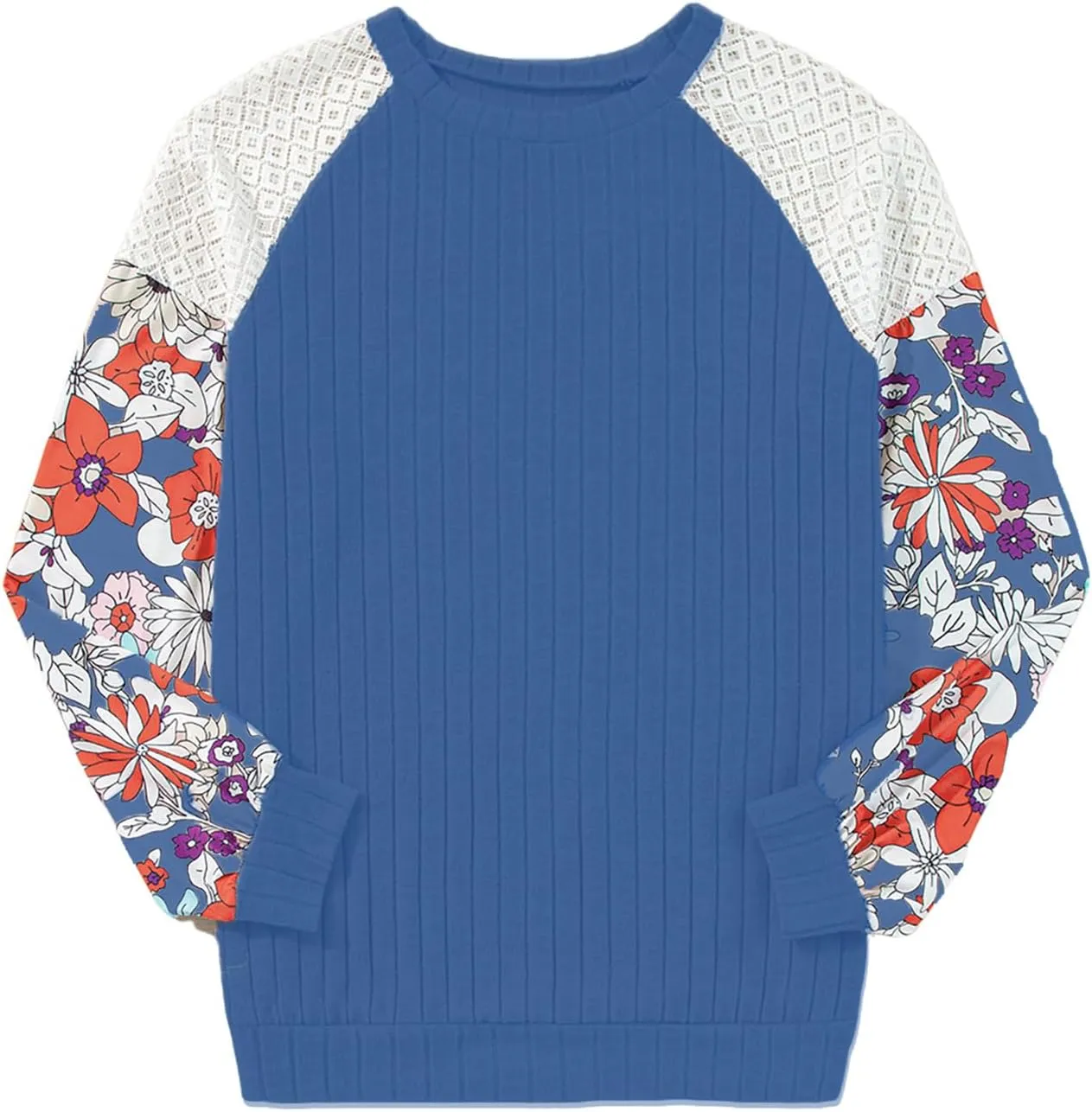 Floral Tops for Women Patchwork Long Sleeve Ribbed Blouses Crewneck Striped Crochet Print Shirts Lace Knit Sweaters
