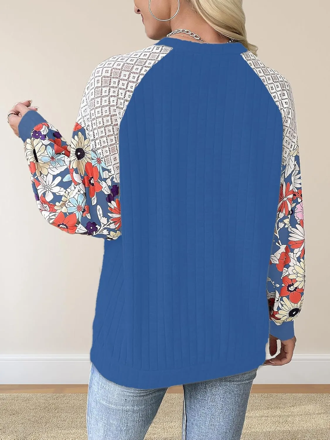 Floral Tops for Women Patchwork Long Sleeve Ribbed Blouses Crewneck Striped Crochet Print Shirts Lace Knit Sweaters