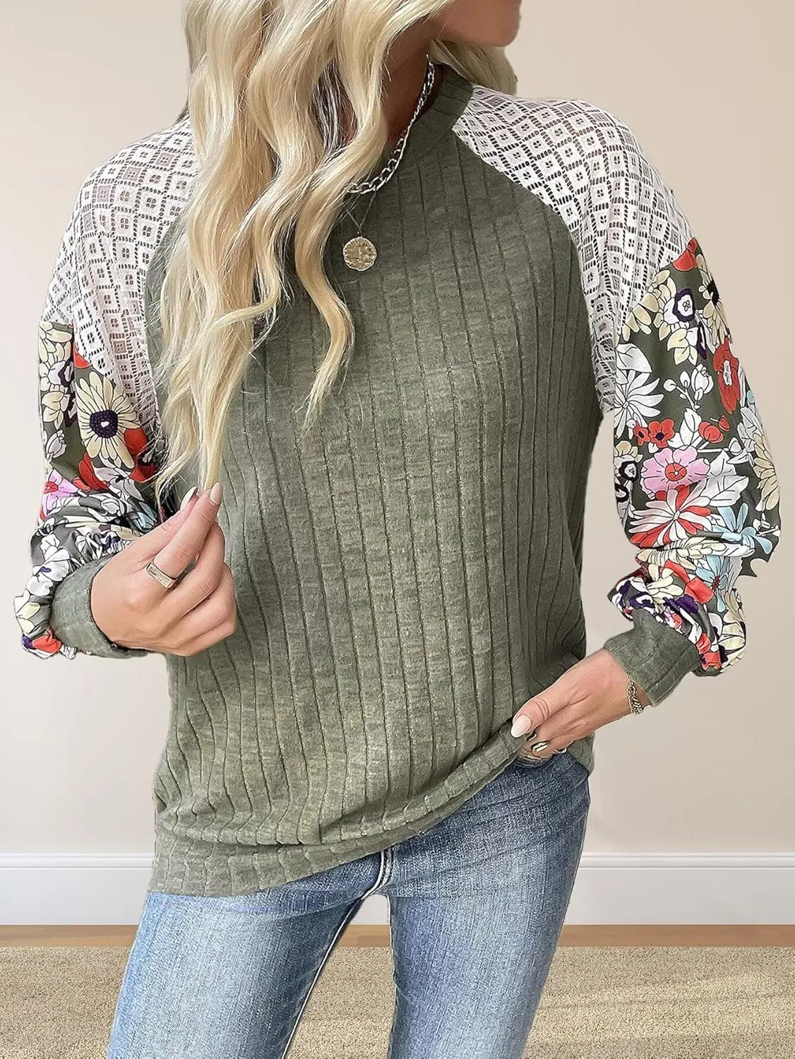Floral Tops for Women Patchwork Long Sleeve Ribbed Blouses Crewneck Striped Crochet Print Shirts Lace Knit Sweaters