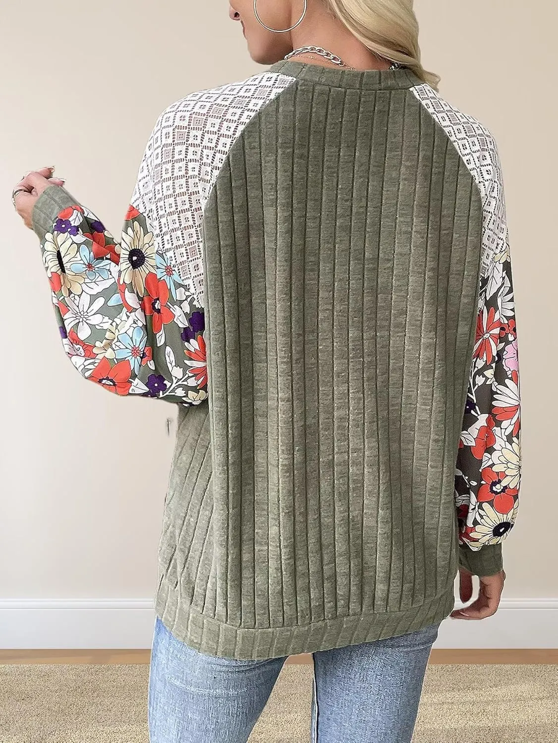 Floral Tops for Women Patchwork Long Sleeve Ribbed Blouses Crewneck Striped Crochet Print Shirts Lace Knit Sweaters