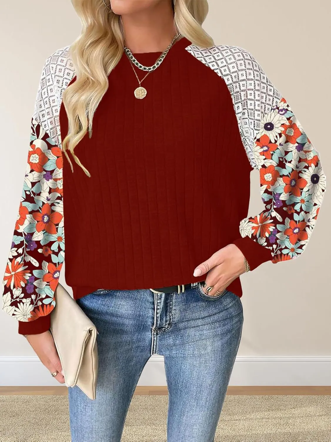 Floral Tops for Women Patchwork Long Sleeve Ribbed Blouses Crewneck Striped Crochet Print Shirts Lace Knit Sweaters