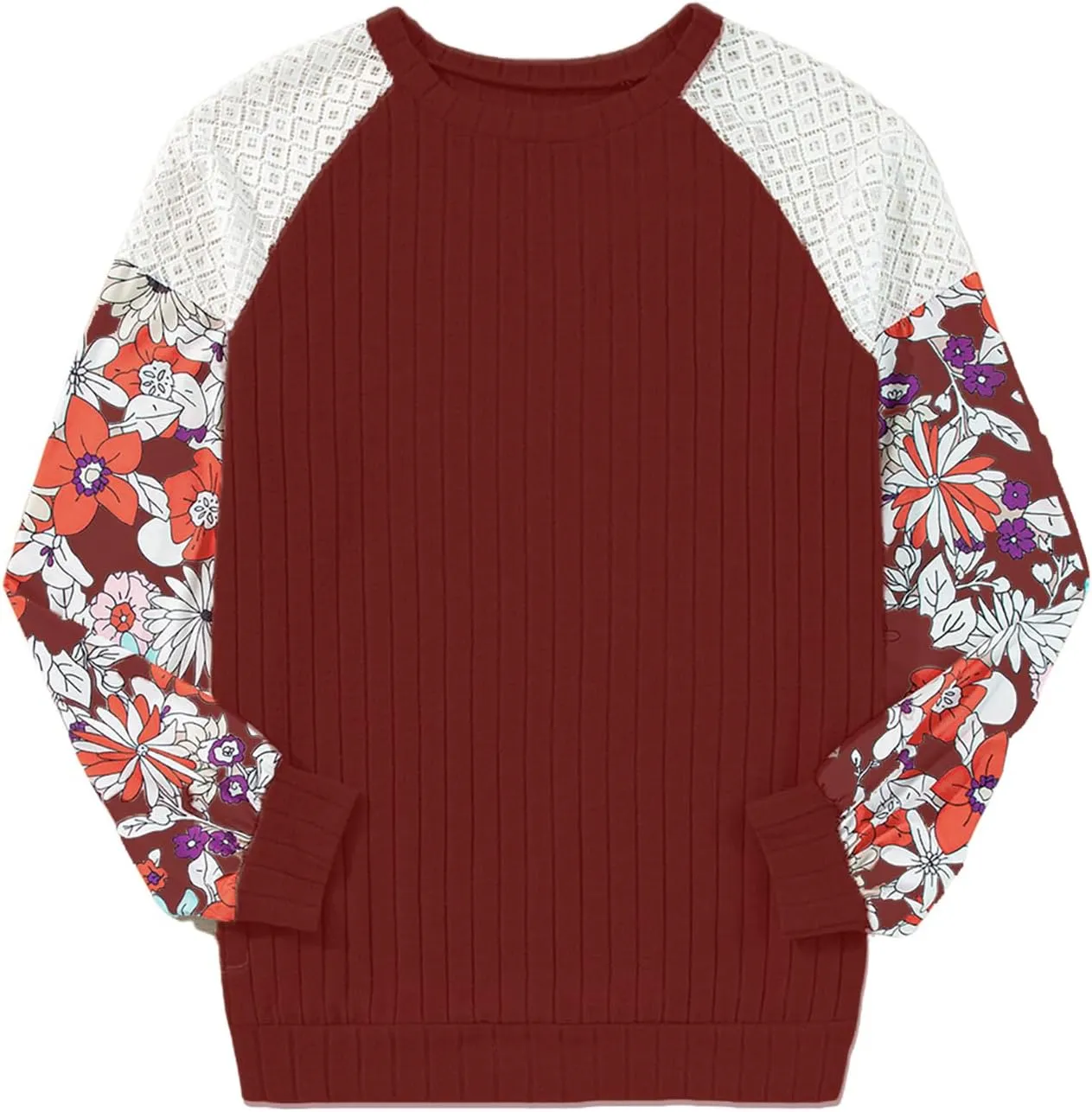 Floral Tops for Women Patchwork Long Sleeve Ribbed Blouses Crewneck Striped Crochet Print Shirts Lace Knit Sweaters