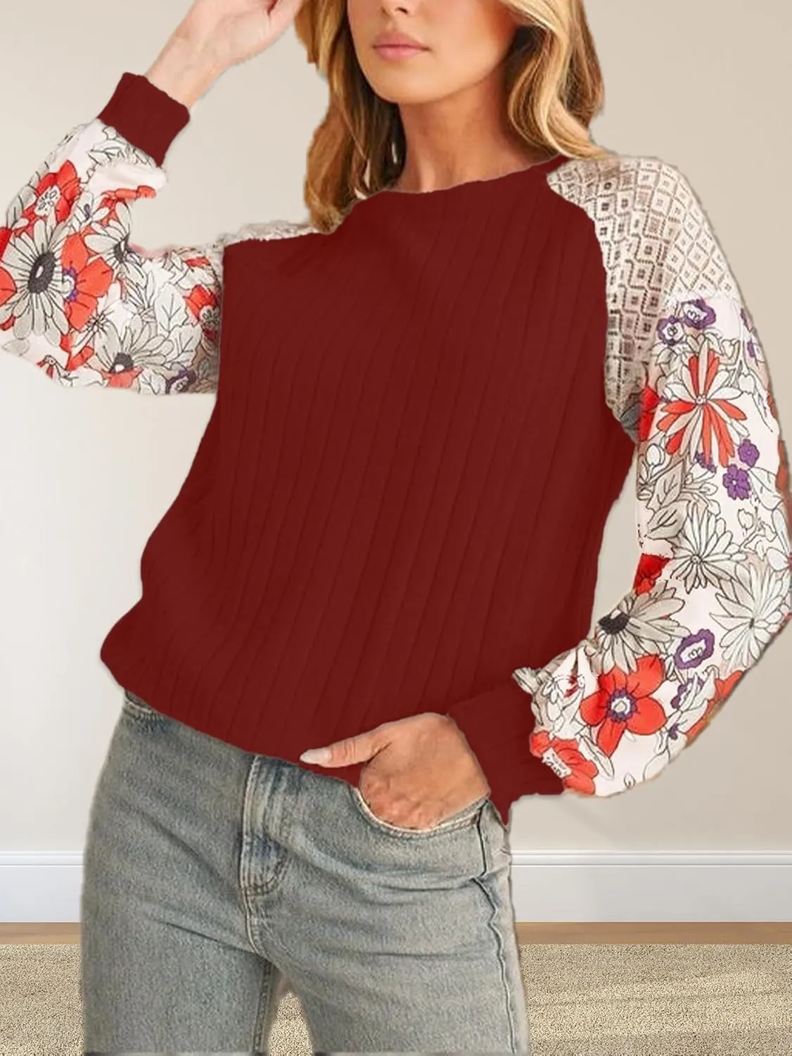 Floral Tops for Women Patchwork Long Sleeve Ribbed Blouses Crewneck Striped Crochet Print Shirts Lace Knit Sweaters