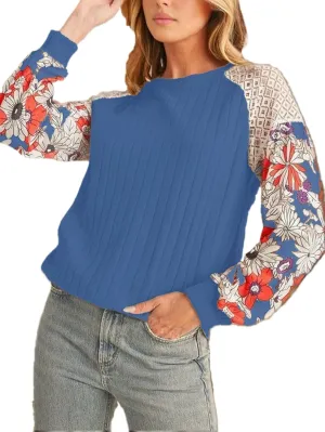 Floral Tops for Women Patchwork Long Sleeve Ribbed Blouses Crewneck Striped Crochet Print Shirts Lace Knit Sweaters
