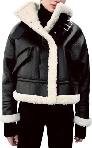 Flygo Women's Faux Leather Moto Jacket Oversized PU Fur Shearling Short Bomber Jacket