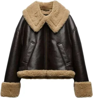 Flygo Women's Faux Leather Moto Jacket Oversized PU Fur Shearling Short Bomber Jacket