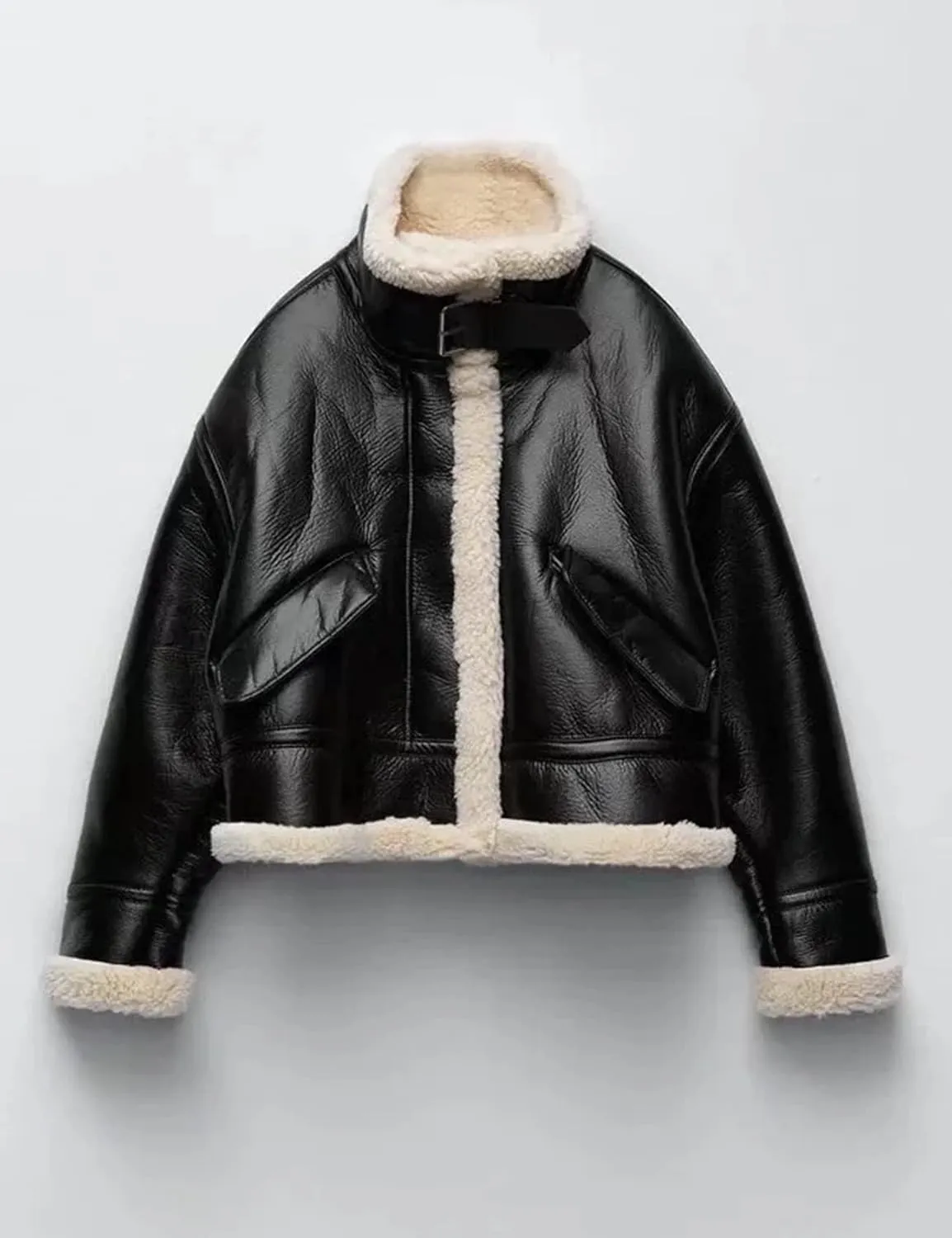 Flygo Women's Faux Leather Moto Jacket Oversized PU Fur Shearling Short Bomber Jacket
