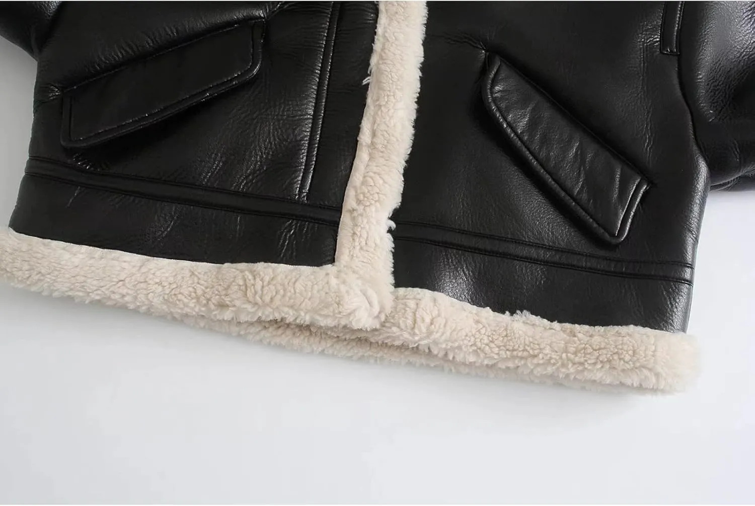 Flygo Women's Faux Leather Moto Jacket Oversized PU Fur Shearling Short Bomber Jacket