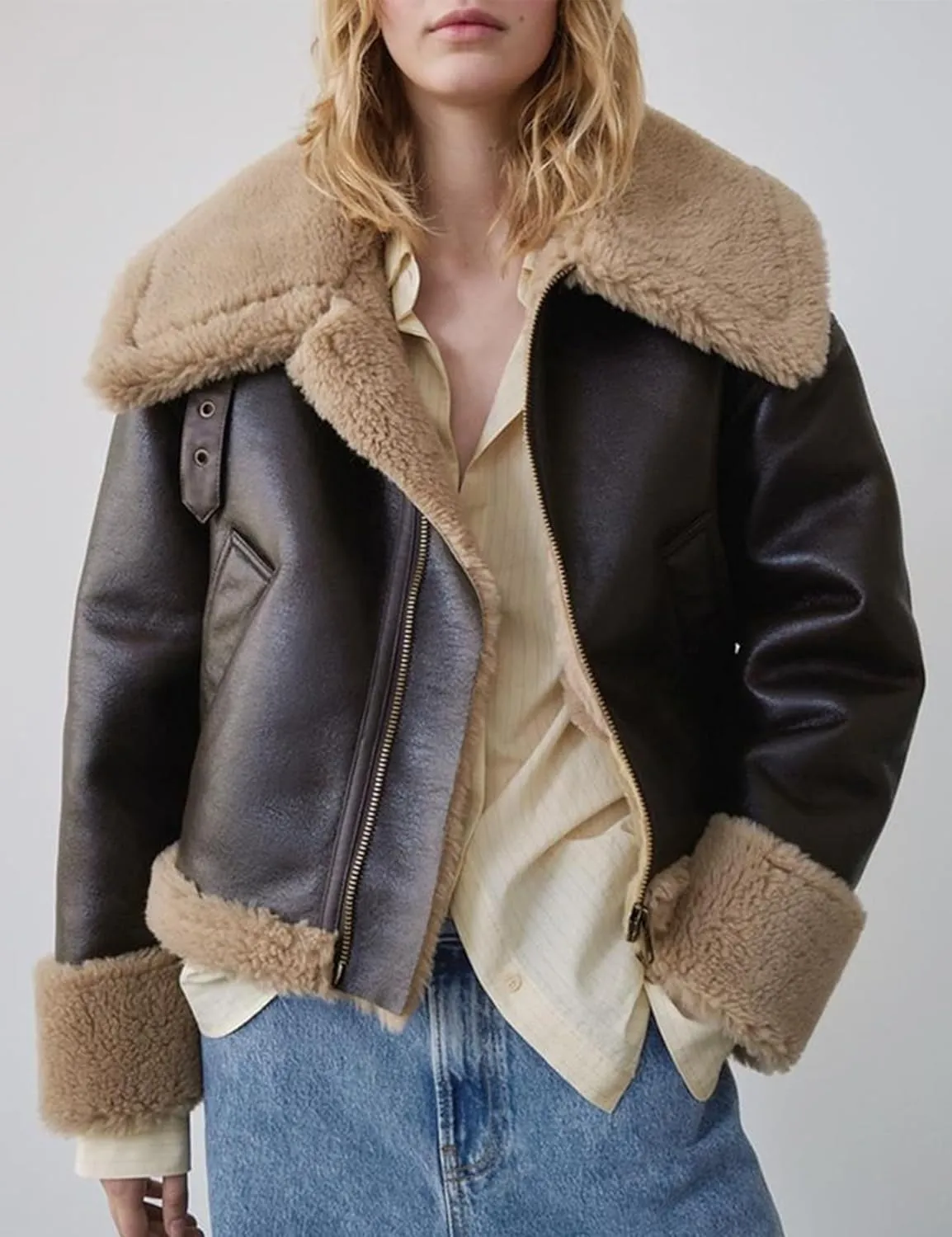Flygo Women's Faux Leather Moto Jacket Oversized PU Fur Shearling Short Bomber Jacket