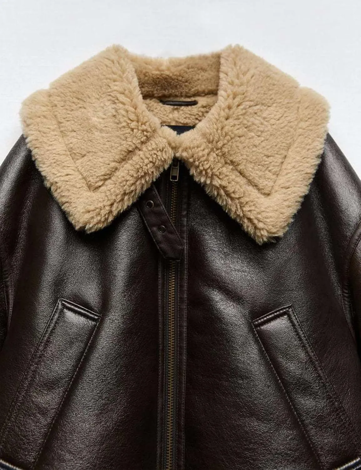 Flygo Women's Faux Leather Moto Jacket Oversized PU Fur Shearling Short Bomber Jacket