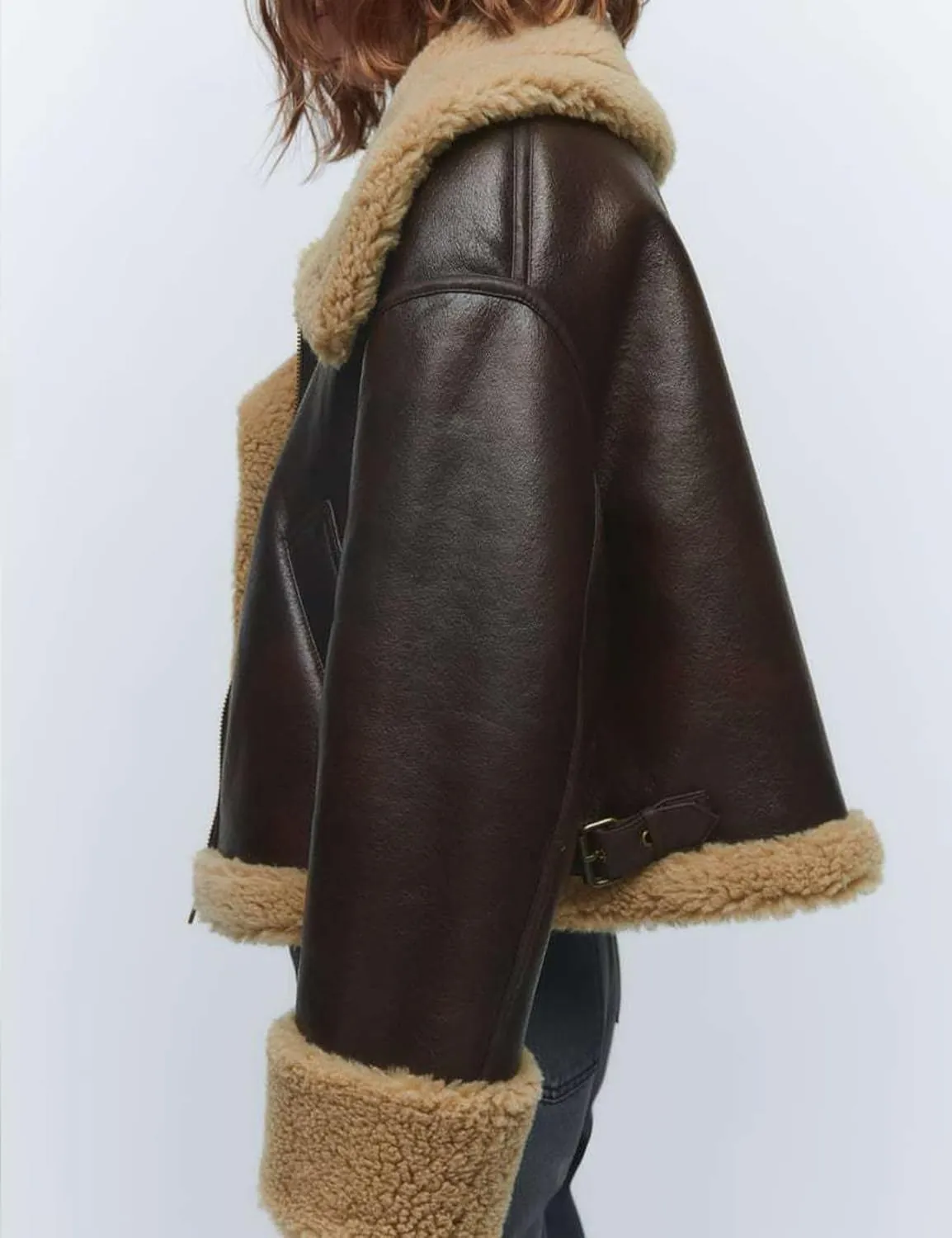 Flygo Women's Faux Leather Moto Jacket Oversized PU Fur Shearling Short Bomber Jacket