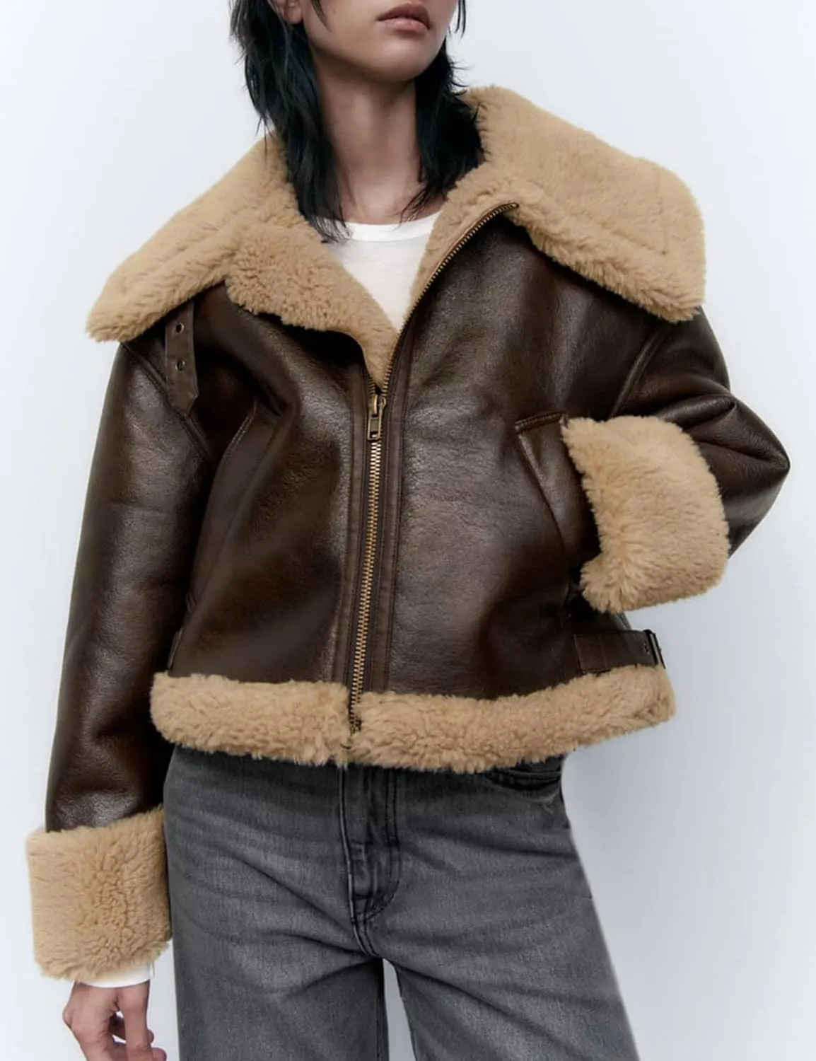 Flygo Women's Faux Leather Moto Jacket Oversized PU Fur Shearling Short Bomber Jacket