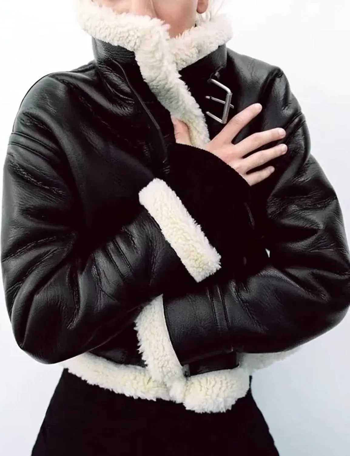 Flygo Women's Faux Leather Moto Jacket Oversized PU Fur Shearling Short Bomber Jacket