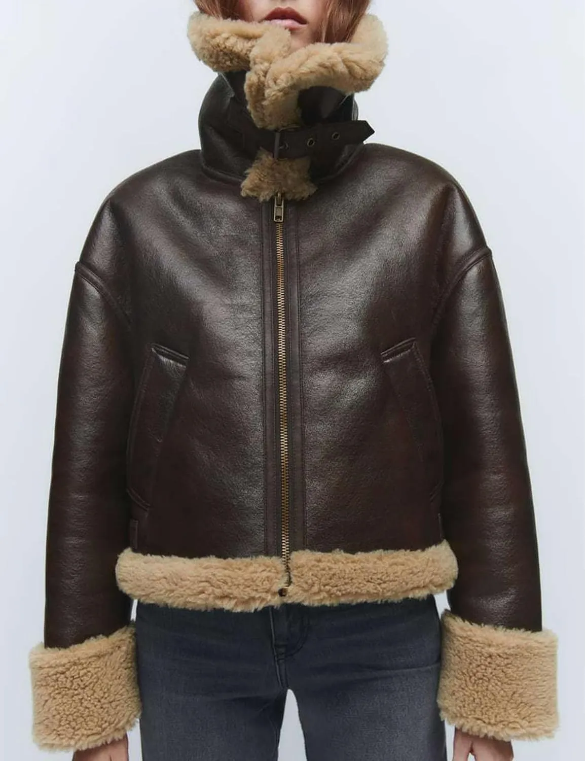 Flygo Women's Faux Leather Moto Jacket Oversized PU Fur Shearling Short Bomber Jacket