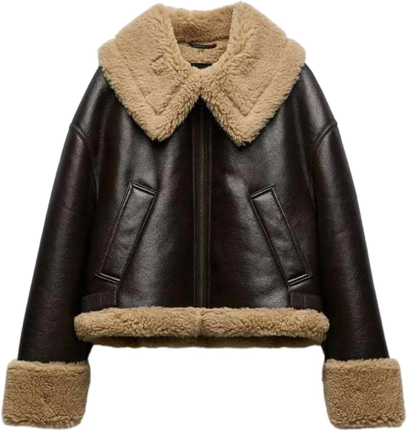 Flygo Women's Faux Leather Moto Jacket Oversized PU Fur Shearling Short Bomber Jacket