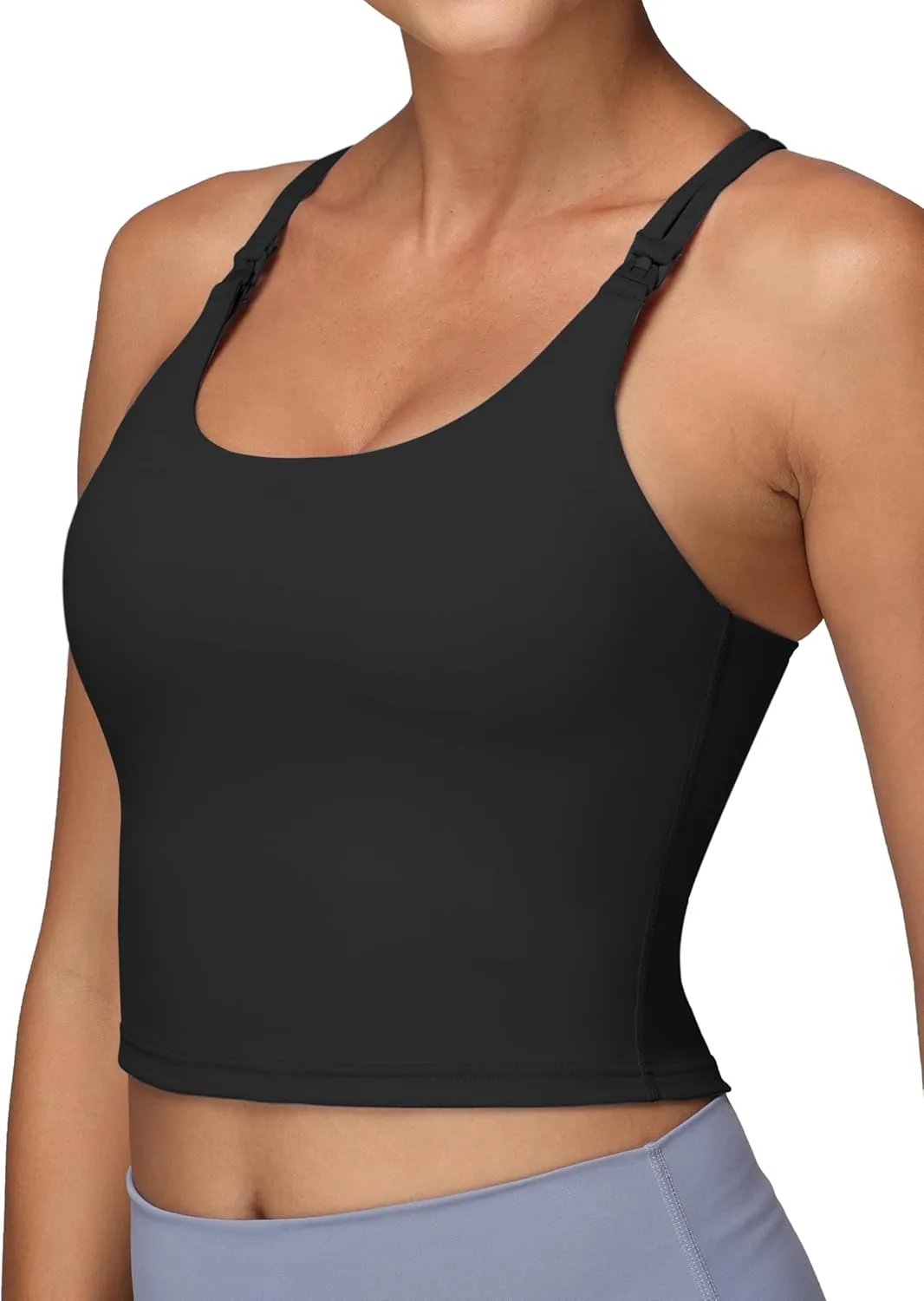 Foucome Nursing Tank Tops for Breastfeeding Longline Nursing Sports Bra Cross Back Workout Crop Top with Built in Bra