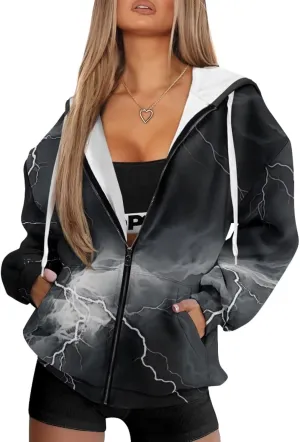 Full Zip Up Hoodies for Women Long Sleeve Track Jackets Loose Sweatshirt Drawstring Pullover Sweaters With Pockets