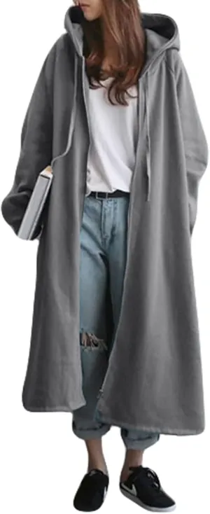 GGUHHU Womens Casual Long Hoodie Coat Full Zipper Thin Fleece Lined Oversize Outerwear