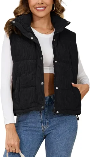 Gihuo Women's Corduroy Puffer Vest Stand Collar Zip Up Padded Vests Sleeveless Quilted Jackets Snap Gilet with Pockets