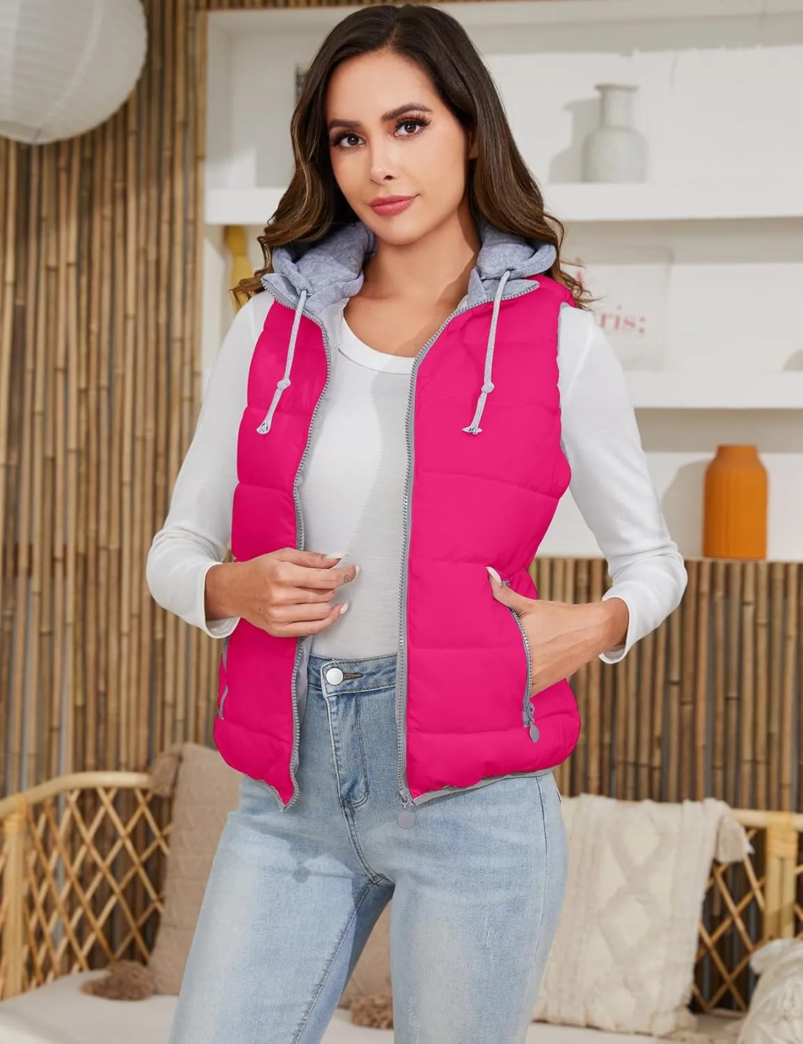 Gihuo Women's Puffer Vest Zip Up Quilted Padded Winter Sleeveless Hooded Vest Gilet Warm Jacket Outerwear Vest