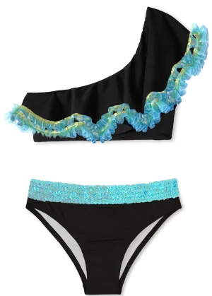 Girls Black Anemone Fringe One Shoulder Bikini with Aqua Sequin Belt