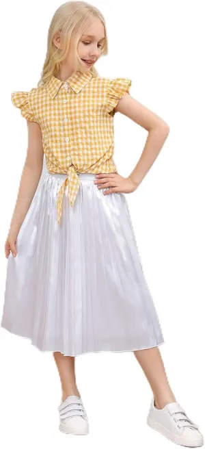 Girls Pink Shiny Elastic High Waist Pleated A-Line Swing Long Fall Skirt 7-8Y