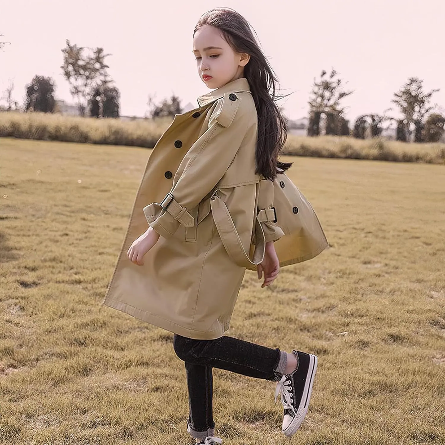 Girl's Trench Coat Single Breasted Windbreaker Jacket Outwear with Belt for 4-17 Years