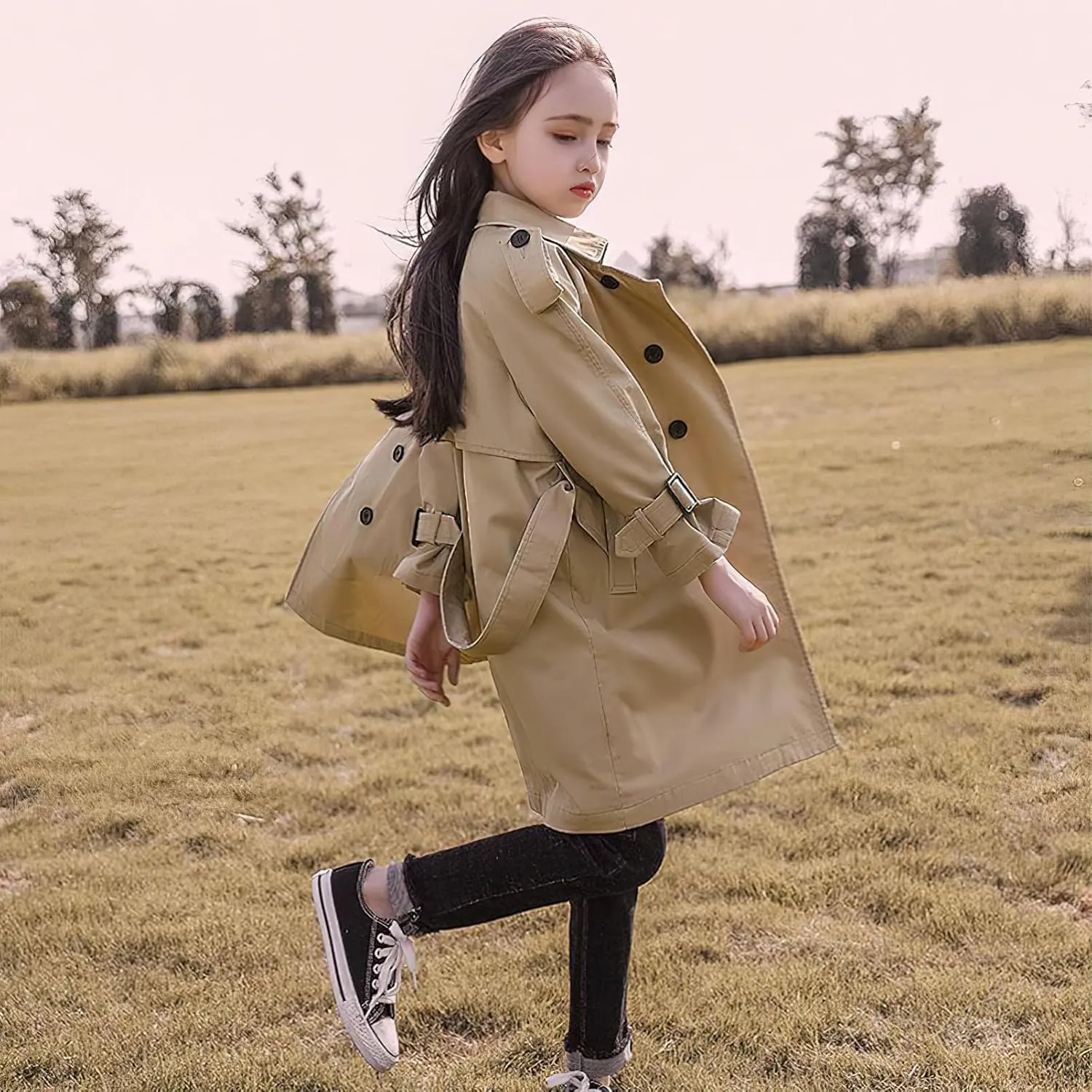 Girl's Trench Coat Single Breasted Windbreaker Jacket Outwear with Belt for 4-17 Years