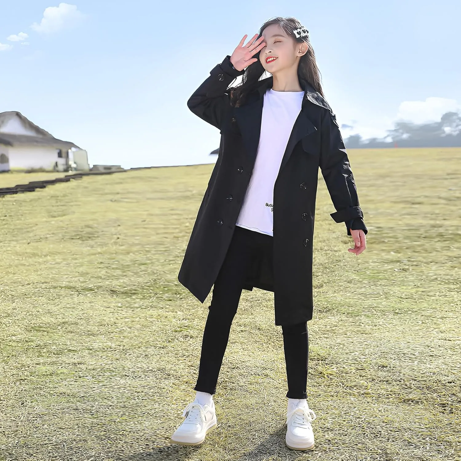 Girl's Trench Coat Single Breasted Windbreaker Jacket Outwear with Belt for 4-17 Years