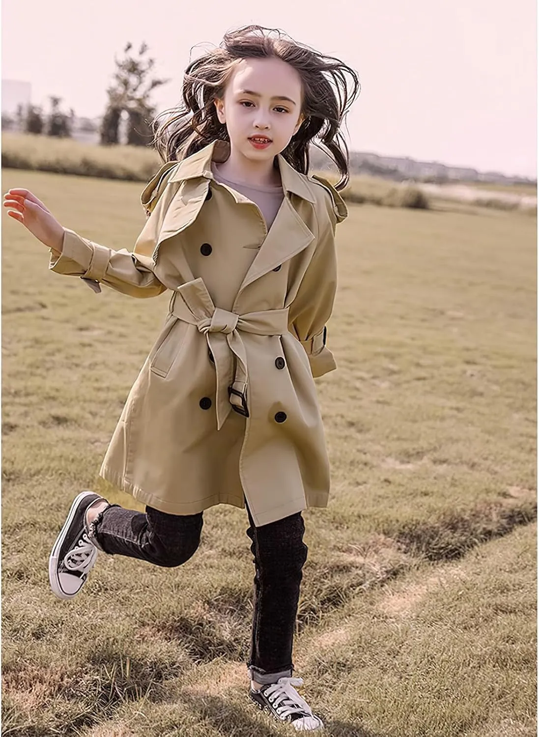 Girl's Trench Coat Single Breasted Windbreaker Jacket Outwear with Belt for 4-17 Years