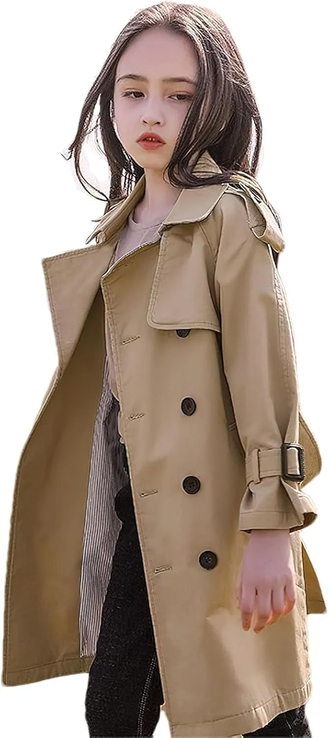Girl's Trench Coat Single Breasted Windbreaker Jacket Outwear with Belt for 4-17 Years