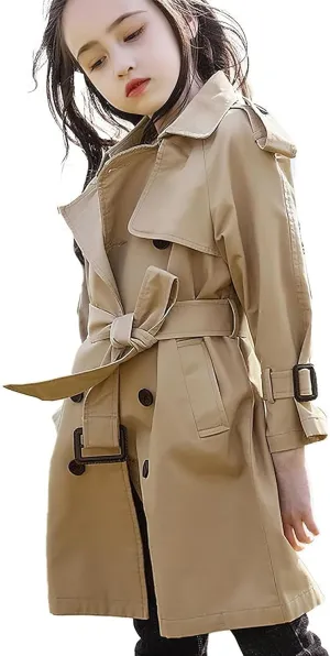 Girl's Trench Coat Single Breasted Windbreaker Jacket Outwear with Belt for 4-17 Years