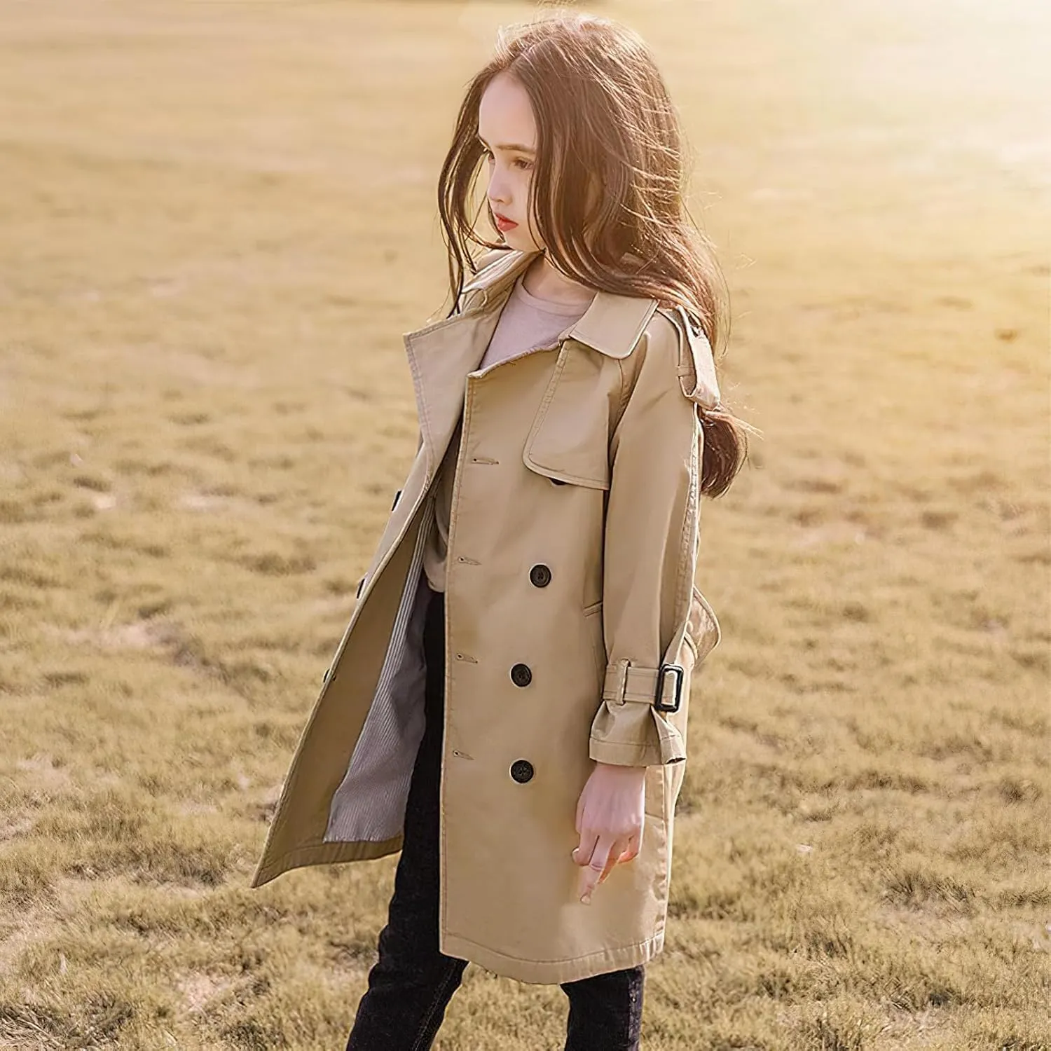 Girl's Trench Coat Single Breasted Windbreaker Jacket Outwear with Belt for 4-17 Years