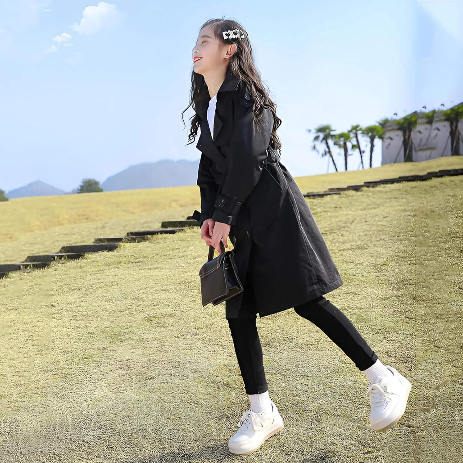 Girl's Trench Coat Single Breasted Windbreaker Jacket Outwear with Belt for 4-17 Years