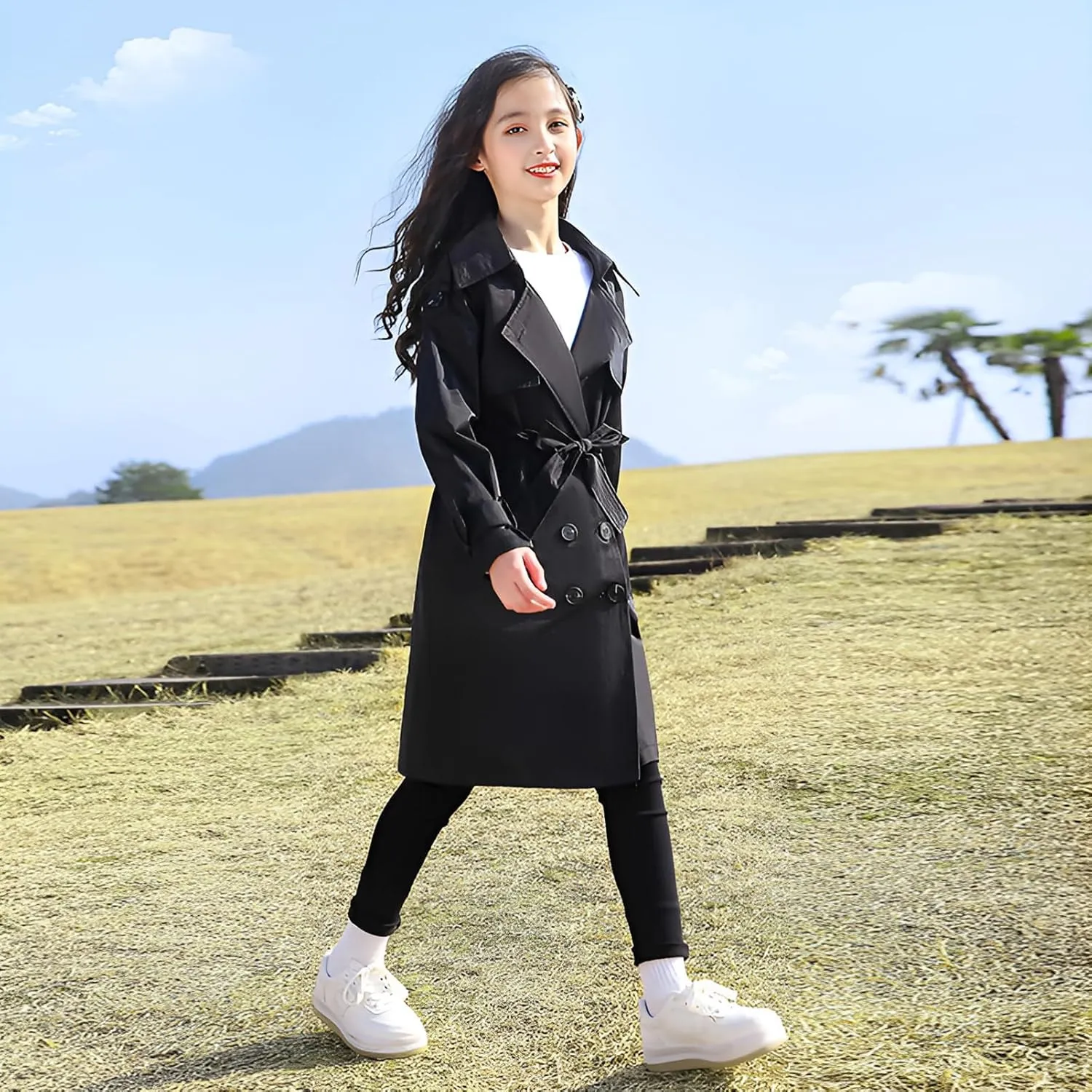 Girl's Trench Coat Single Breasted Windbreaker Jacket Outwear with Belt for 4-17 Years