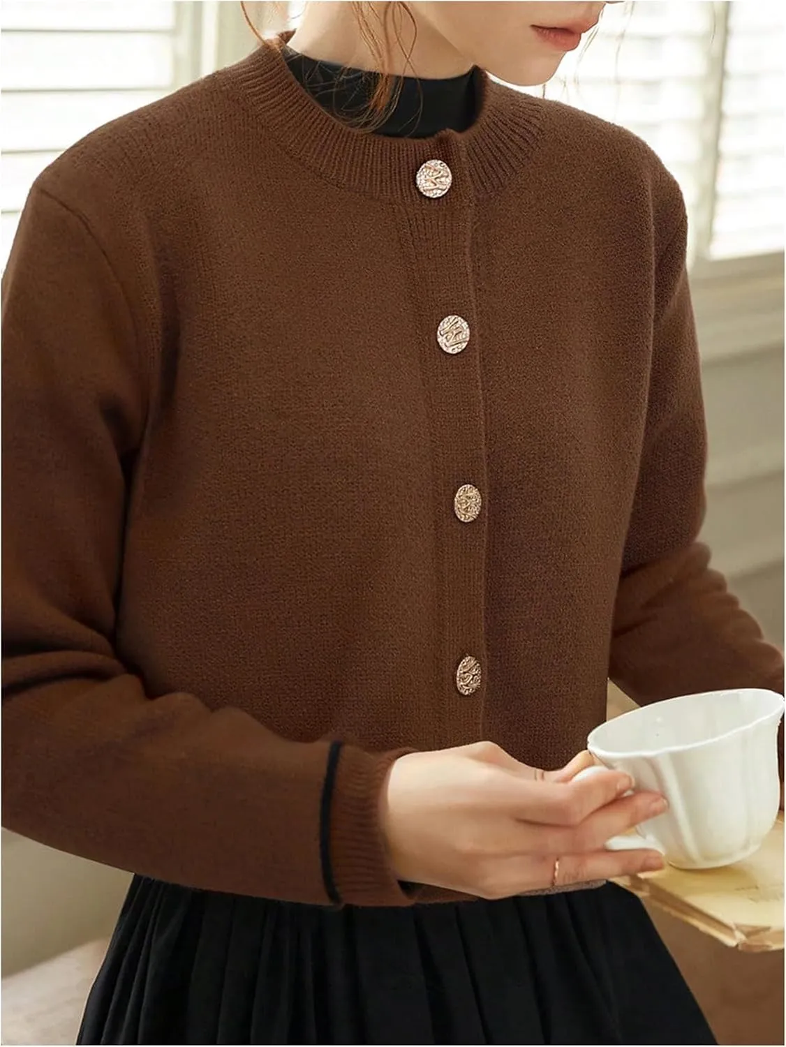 GORGLITTER Women's Elegant Button Up Cardigan Sweaters Casual Cropped Knitted Sweater Chunky Open Front Outerwear