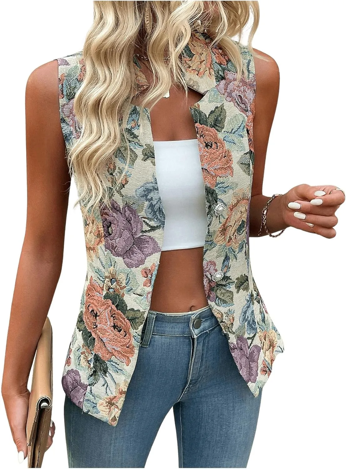 GORGLITTER Women's Floral Sleeveless Blazer Notch Collar Button Down Vest Coat Outerwear