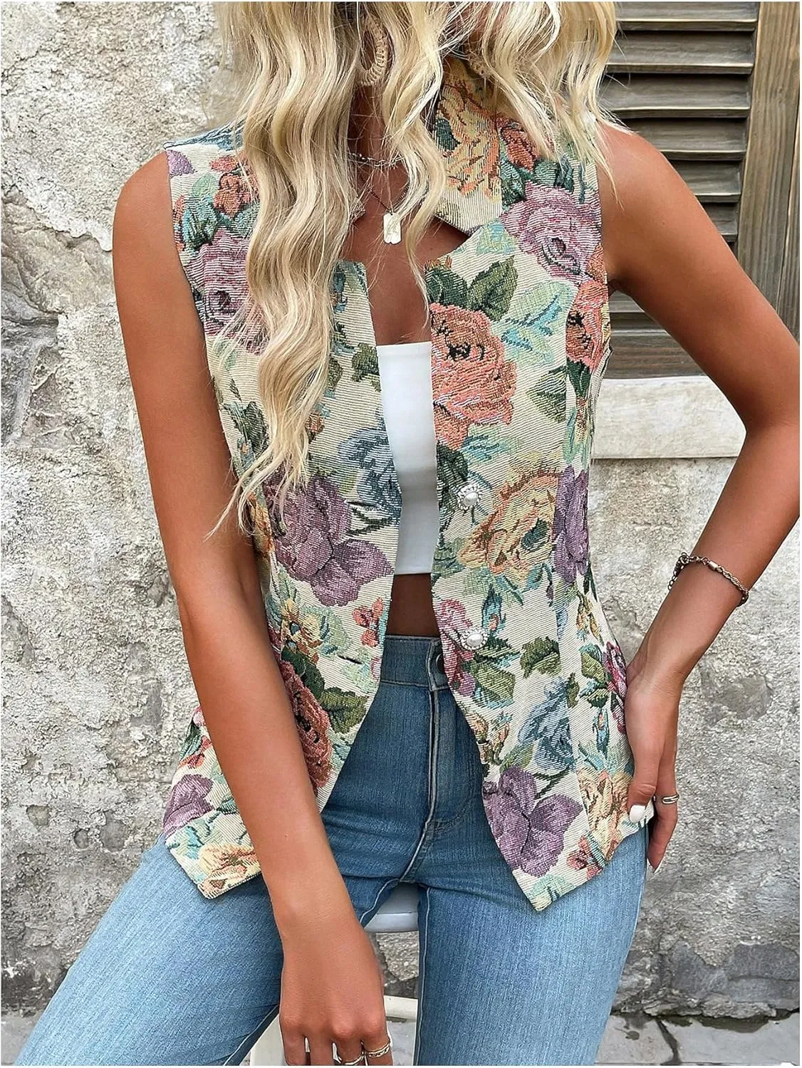 GORGLITTER Women's Floral Sleeveless Blazer Notch Collar Button Down Vest Coat Outerwear