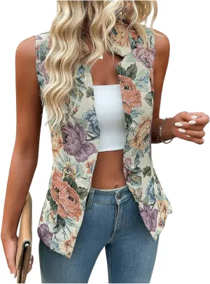 GORGLITTER Women's Floral Sleeveless Blazer Notch Collar Button Down Vest Coat Outerwear