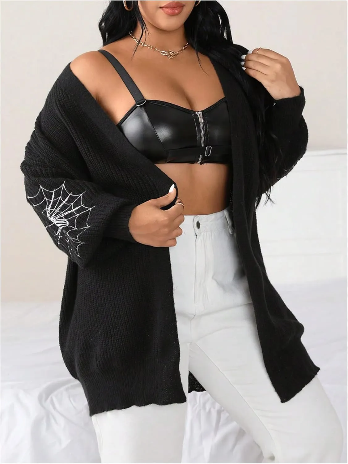 GORGLITTER Women's Plus Size Spider Web Oversized Cardigan Sweaters Embroidered Open Front Long Cardigans Fall Outwear
