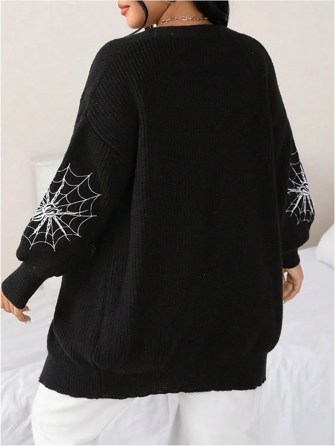GORGLITTER Women's Plus Size Spider Web Oversized Cardigan Sweaters Embroidered Open Front Long Cardigans Fall Outwear