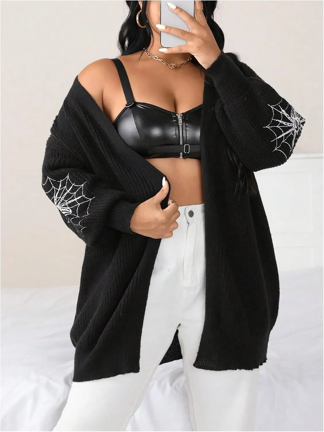 GORGLITTER Women's Plus Size Spider Web Oversized Cardigan Sweaters Embroidered Open Front Long Cardigans Fall Outwear