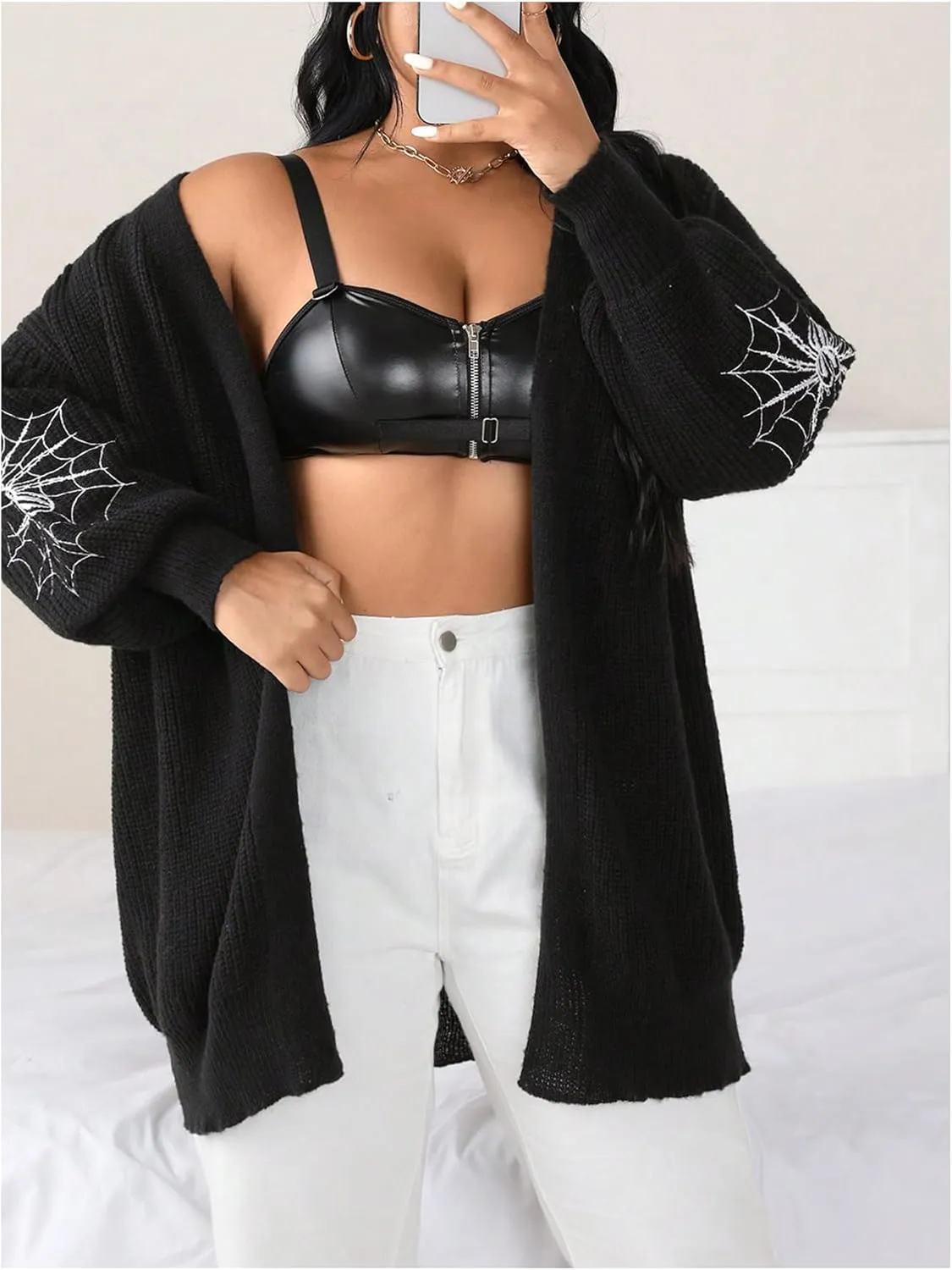GORGLITTER Women's Plus Size Spider Web Oversized Cardigan Sweaters Embroidered Open Front Long Cardigans Fall Outwear